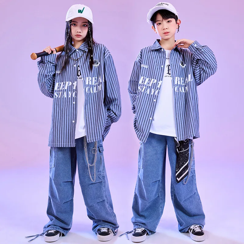 Boy Hip Hop Clothing Blue Striped Shirt Tops Pleated Denim Jeans Baggy Pants for Girl Kid Jazz Dance Wear Costumes Clothes