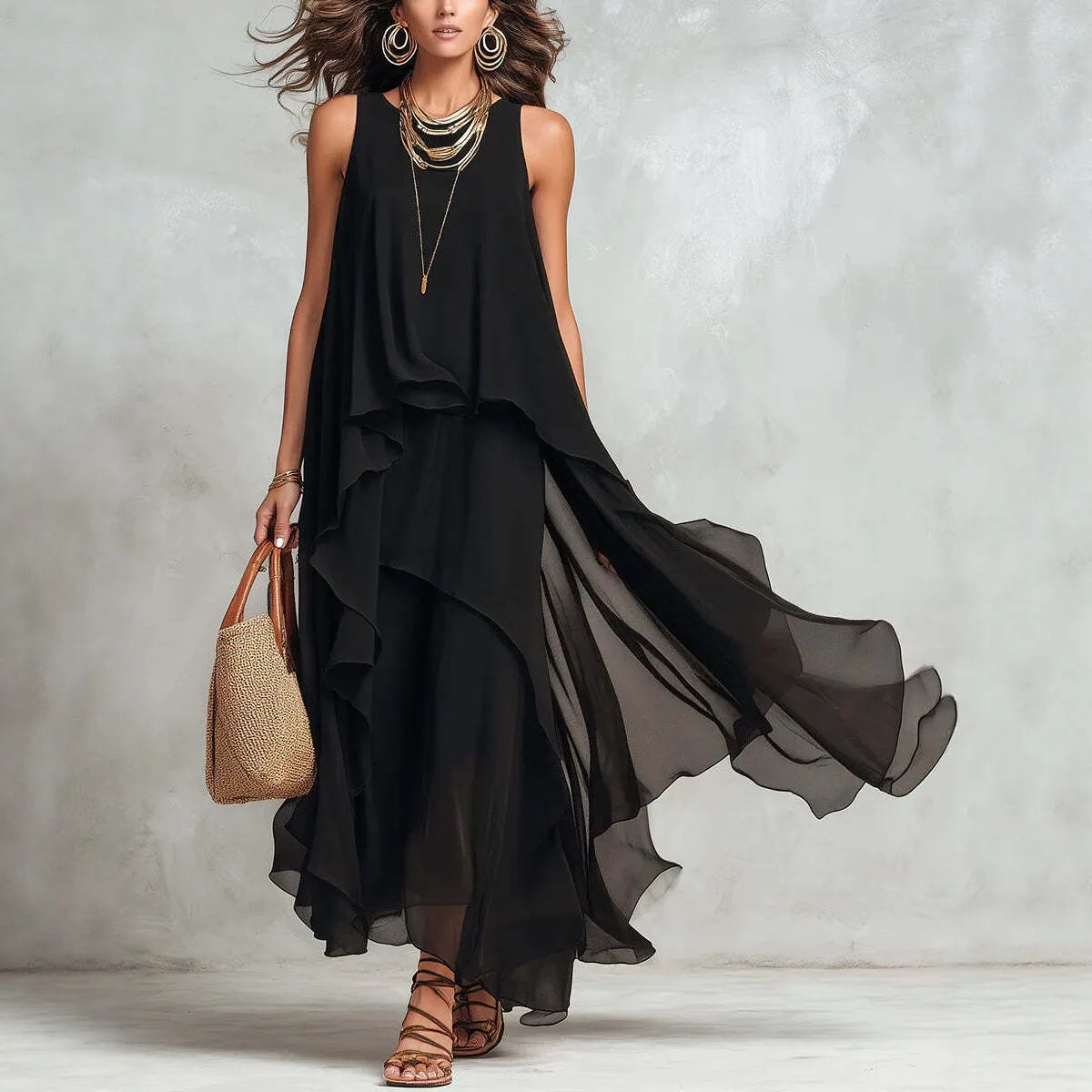 

2026 new black sleeveless irregular chiffon long dress with elegant temperament for women