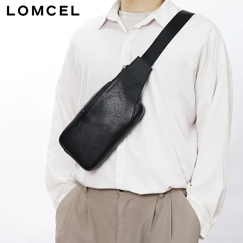 LOMCEL 56 Leather men's single-shoulder multi-purpose casual fashion backpack with a chest and waist compartments. Durable and