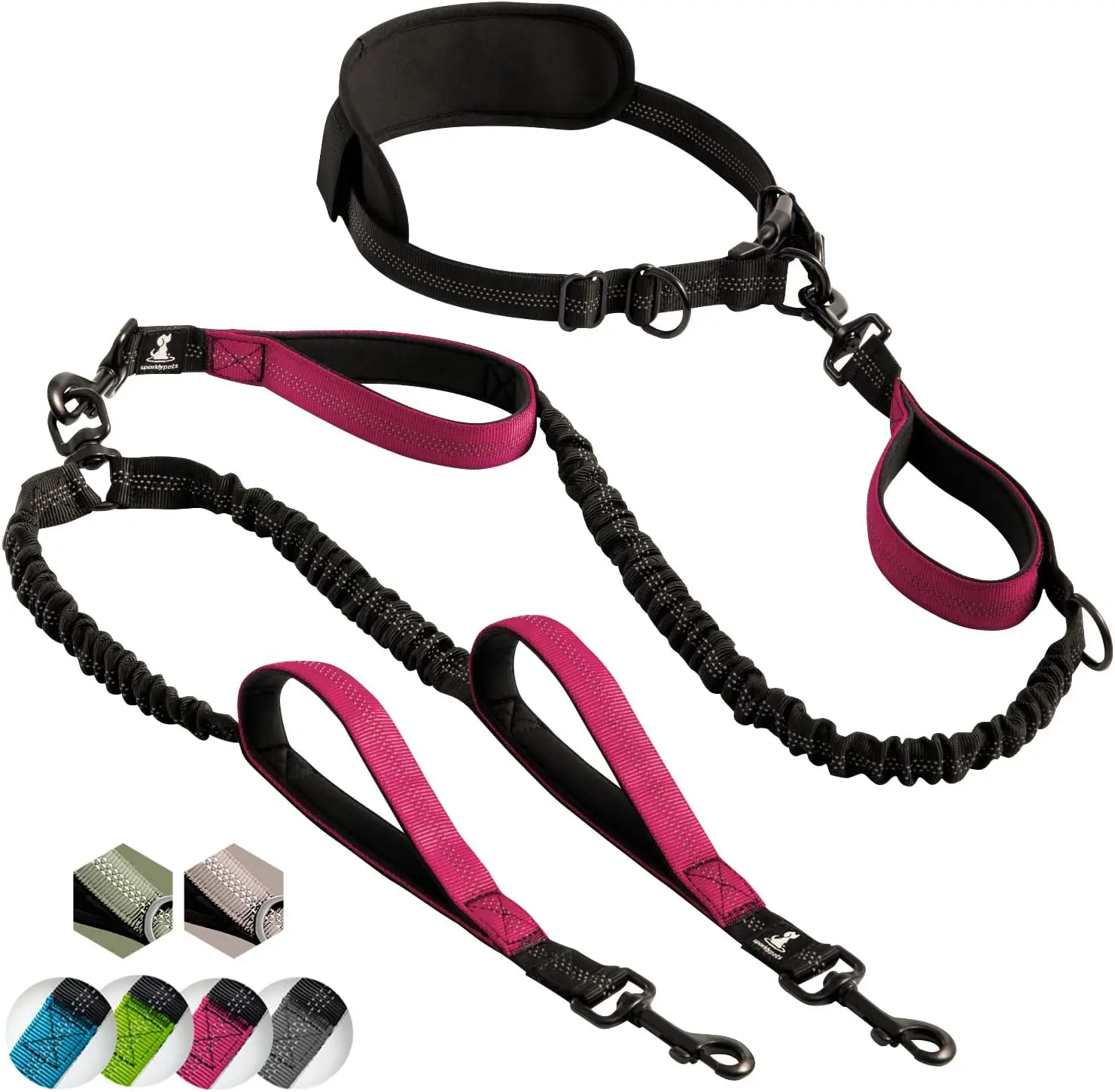 

SparklyPets-Hand Free Dual Dog Leash, Padded Reflective Stitches, Tangle Free, Medium and Large Dogs