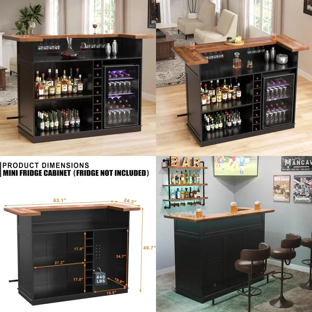 طاولة بار صغيرة مع مساحة ثلاجة وخزانة نبيذ مشروبات على شكل حرف U لتخزين الطابق السفلي أو غرفة المعيشة، 63.1 بوصة