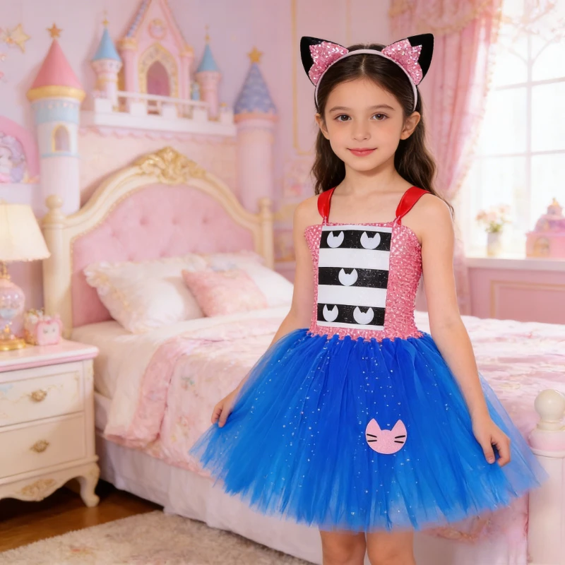 New Cute Cartoon Cat Style Tutu Dress for Girls, Glitter Tulle Design Kids Holiday Carnival Party Dress Up Outfit