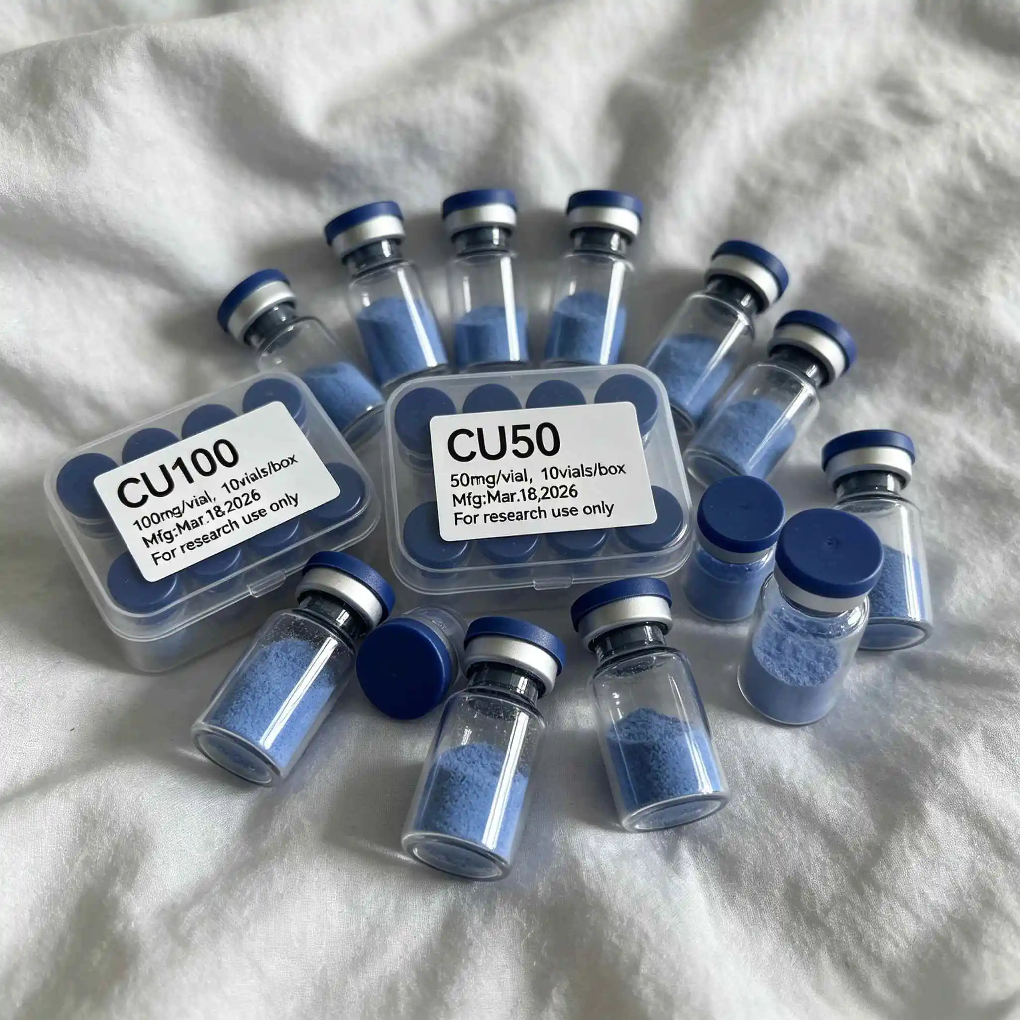 (Cap Color Varies) High-Quality Lyophilized GHK-Cu Copper Powder (50mg & 100mg) — 1 Box / 10 Vials: Repairs Skin Damage, Hydrate