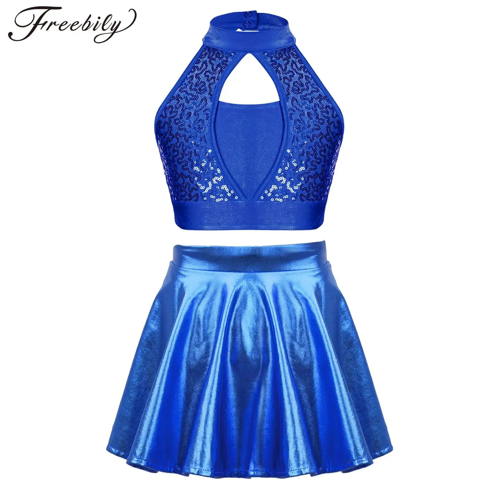 

Kids Girls Jazz Dance Costume Two-Piece Cheerleading Uniform Outfits Sequin Sleeveless Crop Top with Metallic Skirt Childs Sets