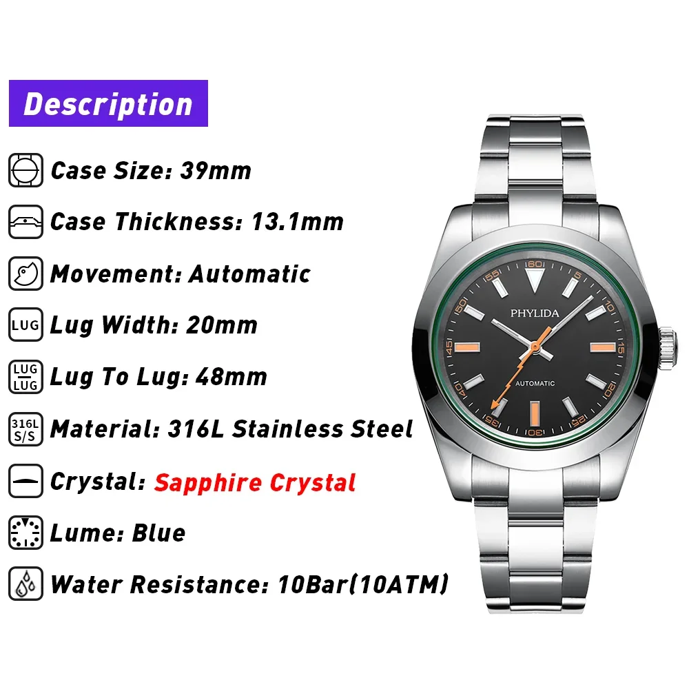 PHYLIDA 39 mm Reloj mecánico automático de lujo para todos los días Esfera negra Manecillas naranjas Clásico 10Bar 100M WR