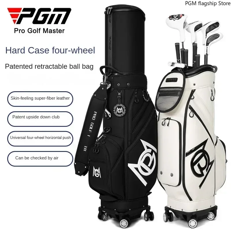 PGM Golf Bag Men's and Women's Hard Shell Retractable Bag Four-wheel Flat Push Aviation Checked Inverted Club Soft Leather QB153