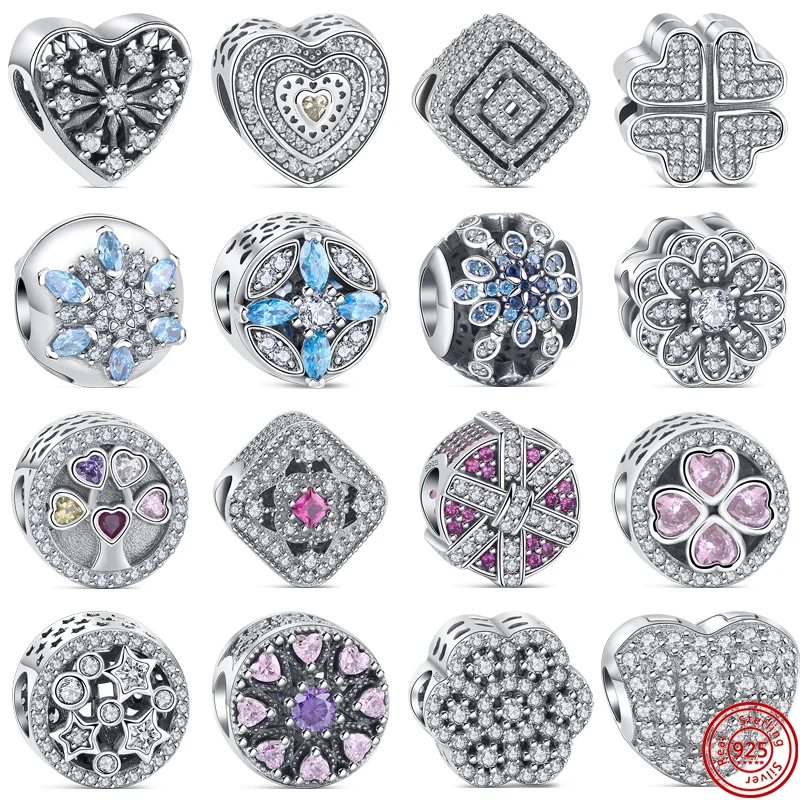 

925 Sterling Silver Pavé Zircon Clover Heart Star Bow Shiny Openwork Beads Fit Original Pandora Charms Bracelet Girl DIY Jewelry