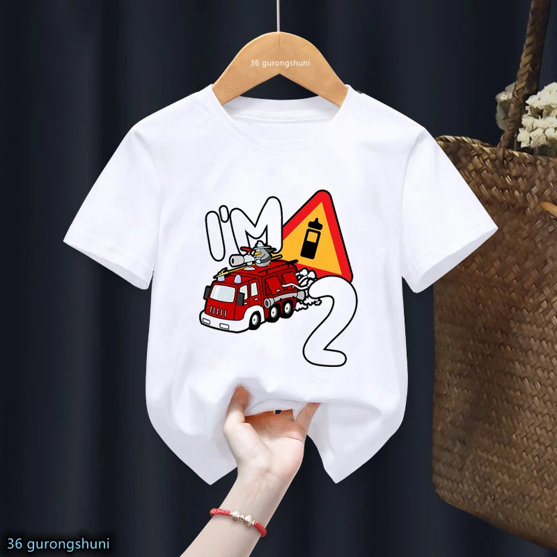 Funny Fire Truck Fire Engine I Am 2 3 4 Number T Shirt Happy Birthday Gift Boys Girls Tshirt Party Gift Kids Clothes Tops