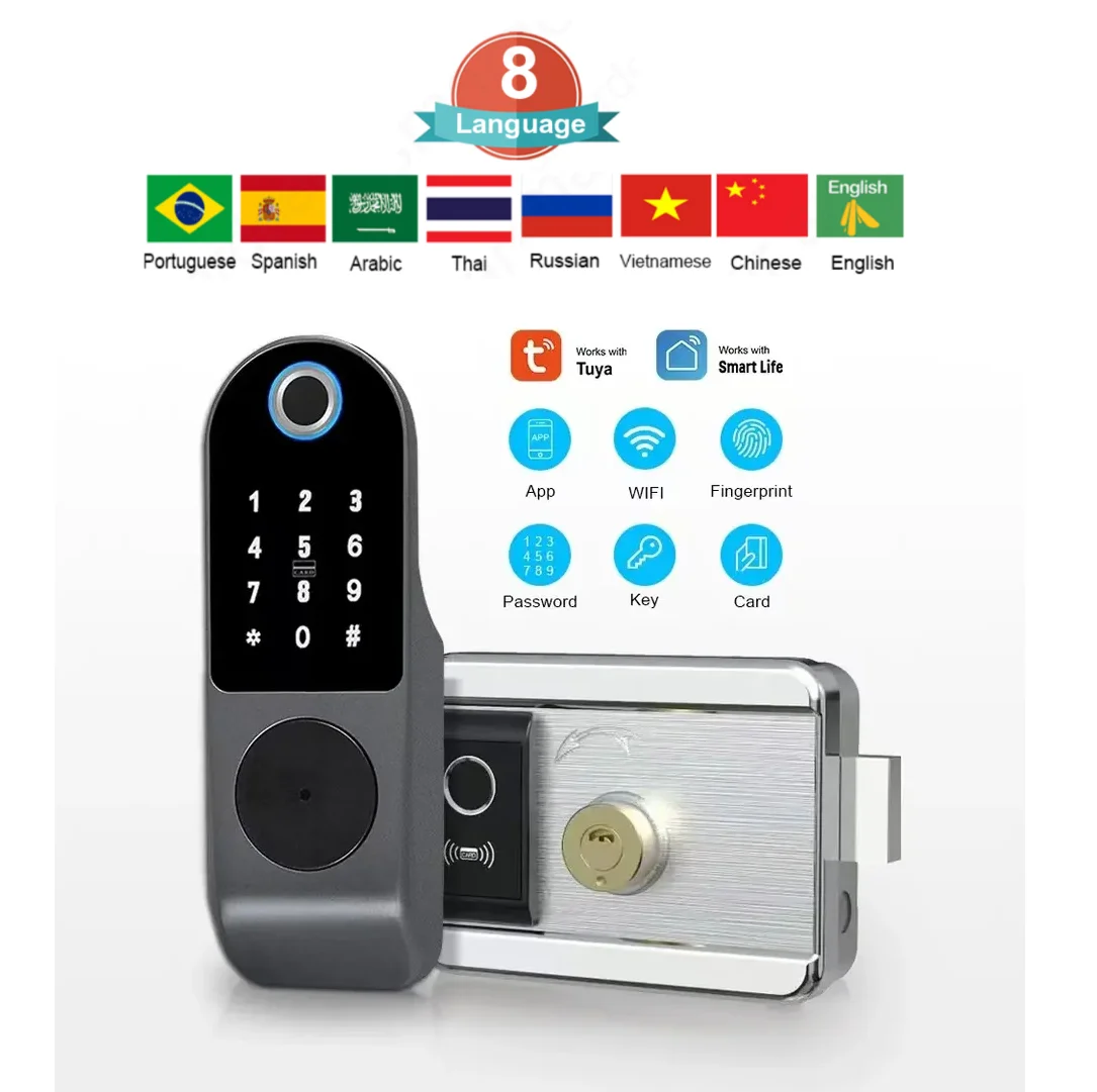 Tuya wifi smart lock 8 languages fingerprint code IC card key unlock method Apartment office garden door multi scene application