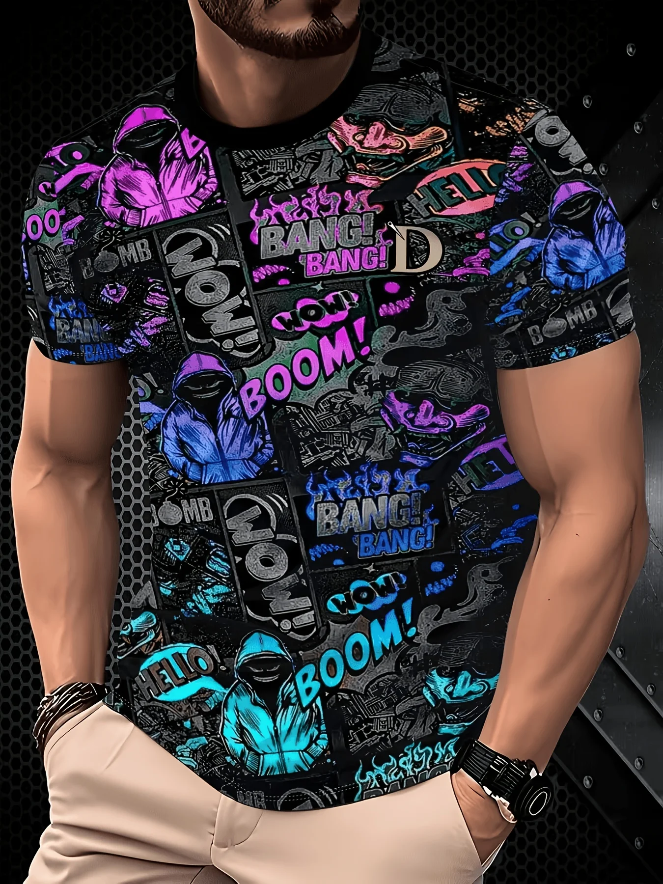 Men's Streetwear Graffiti Boom Bang Letter Print Short Sleeve T-Shirt, Crew Neck Hip Hop Casual Summer Graphic Tee