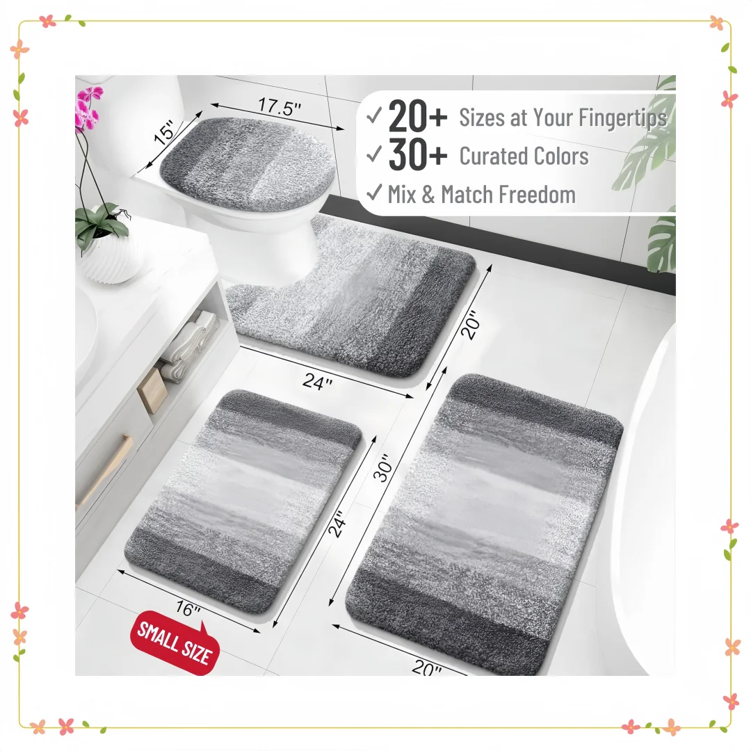 طقم سجادة حمام قطيفة مقاس 30 × 20 مع دعم مطاطي، سجادة ماصة قابلة للغسل في الغسالة لديكور أرضية الحمام، رمادي