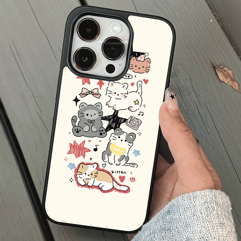 Blinking Kitten Cartoon Black Border Graffiti Mobile Phone Case for IPhone 16 15 14 11 12 13 Pro Max Phone Case for IPhone XR X