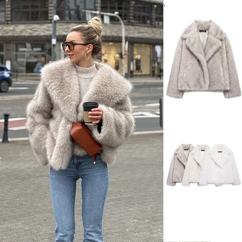 

2025 Women Winter Solid White Faux Fur Thick Warm Cardigan Coat Women's High Street Long Sleeve Pockets Short Coat Elegant