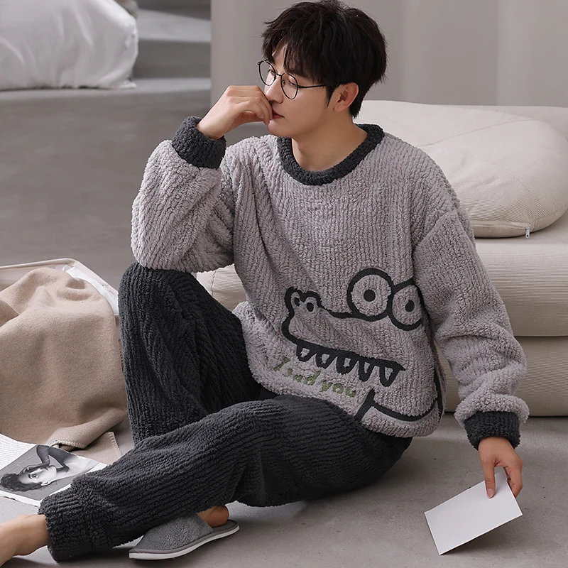 Crocodile Cartoon Coral fleece pajamas for men Winter Thickened Nightwear Young Boy Plus Size 5XL 4XL loungewear pyjama homme