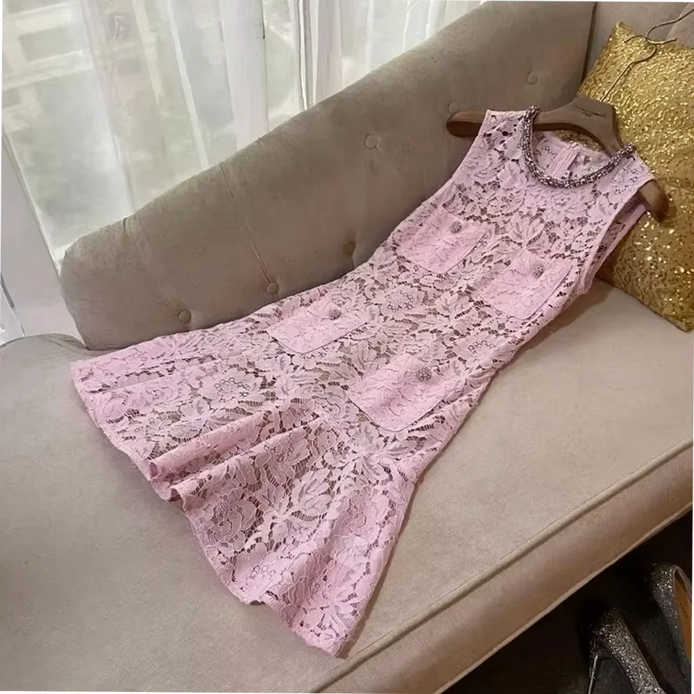 Women's Elegant Sleeveless Lace Mini Dress O-neck Diamond Inlaid A-line Summer Fashion Y2k Streetwear Elegant Solid