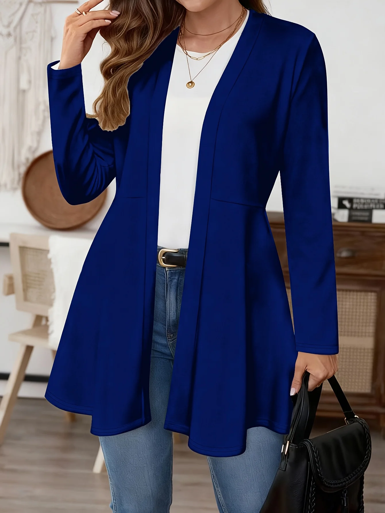 Plus Size Women Open Front Cardigan, Long Sleeve Solid Color Mid-Length Coat, Loose Casual Fall Winter Outerwear Tops view 2