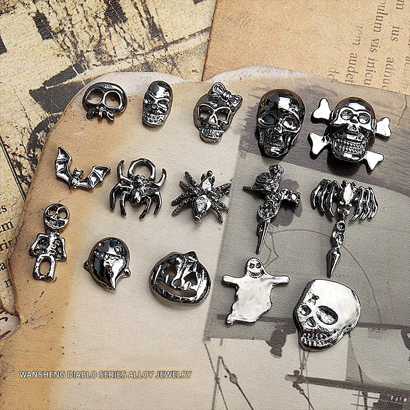 20PCS Halloween Dark Spicy Girl Cute Ghost Bat Spider Skull Gun Black Alloy Nail Art Rhinestones Decorations Manicure Ornaments