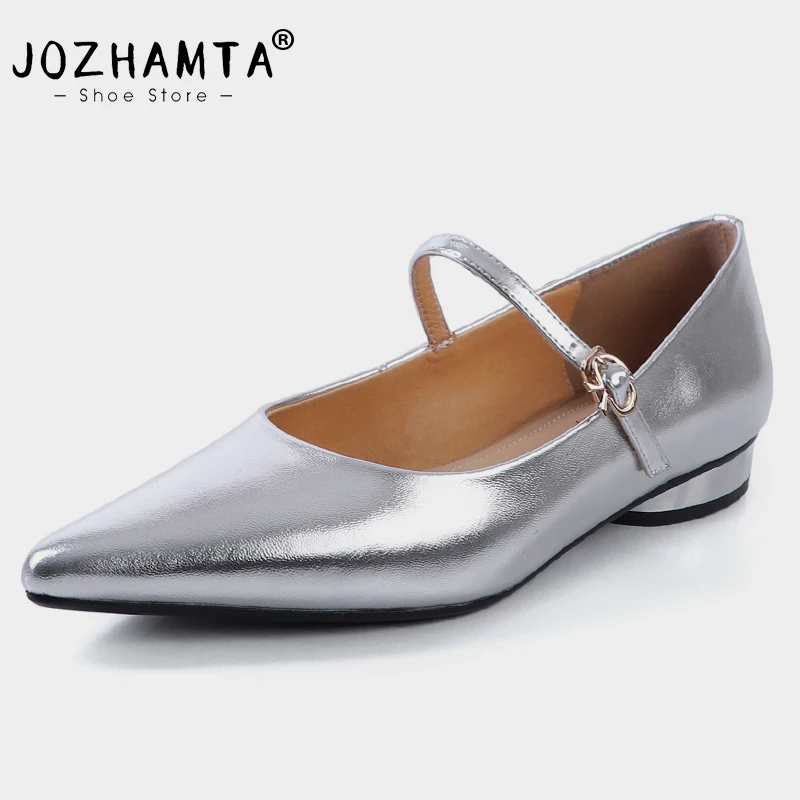 JOZHAMTA Genuine Leather Women Pumps Buckle Strap Sexy Pointy Toe Chunky Heels Shoes Spring 2025 Office Lady Daily Size 34-40