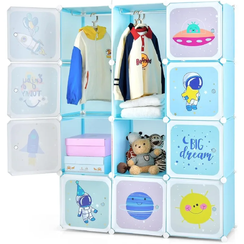 

Children Wardrobe, Kid Closet Portable Baby Dresser Cute for Kids Bedroom Nursery Armoire with Doors 12 Cube 2 Hanging