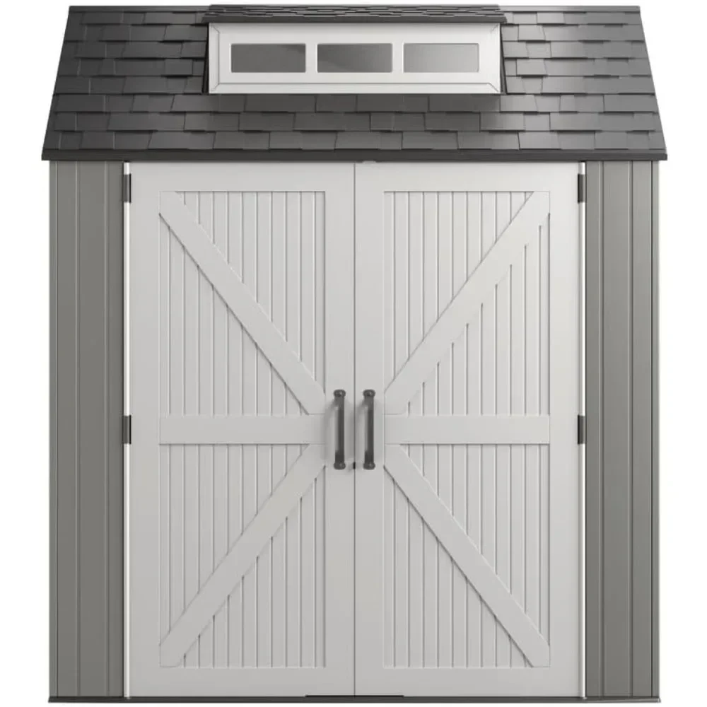 Resin Outdoor Storage Shed With Floor (7 x 7 Ft), Weather Resistant, Gray, Organization for Home/Backyard/Garden Tools