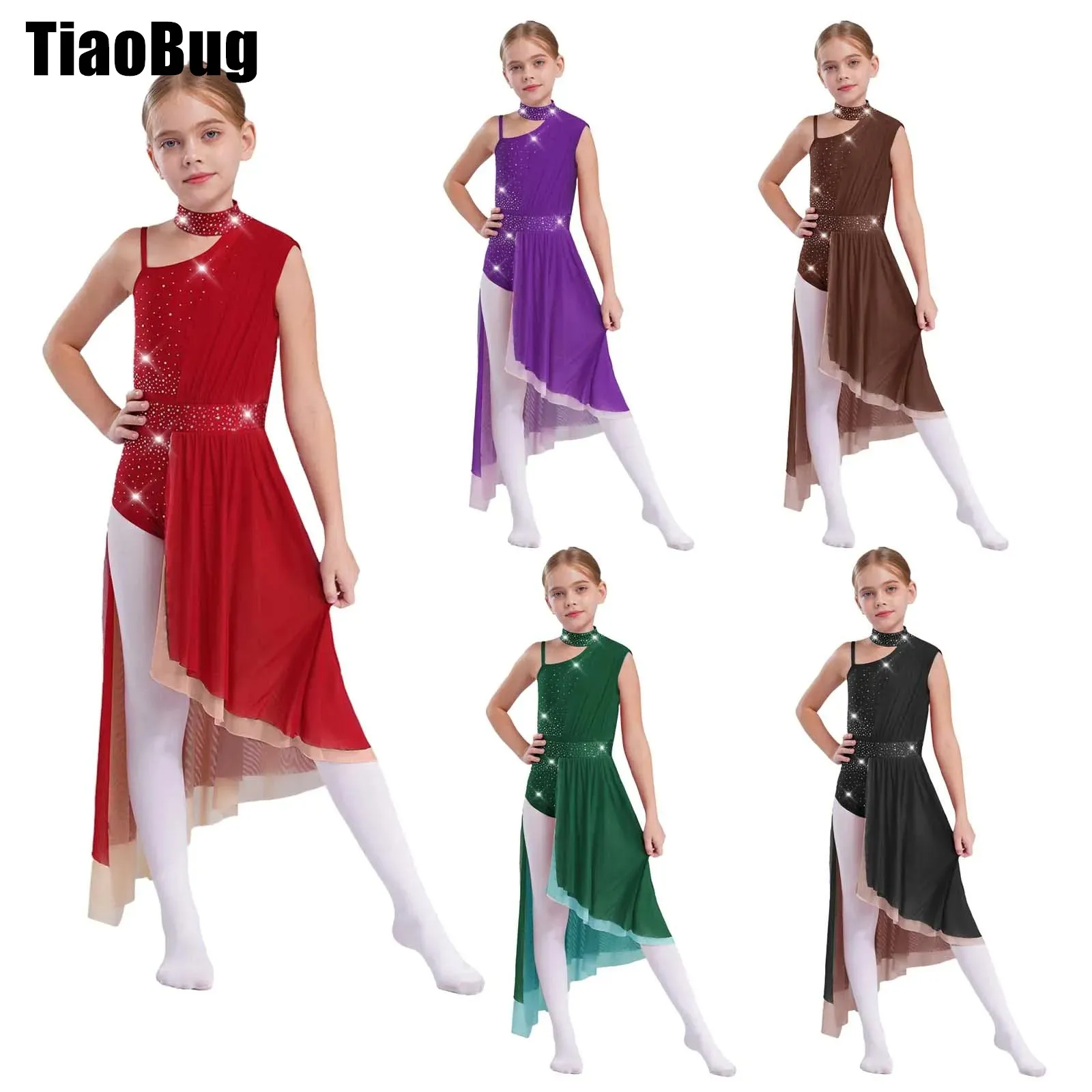 

Kids Girls Lyrical Dance Dress Leotard Sleeveless Cutout Back Asymmetrical Sheer Mesh Performance Costume