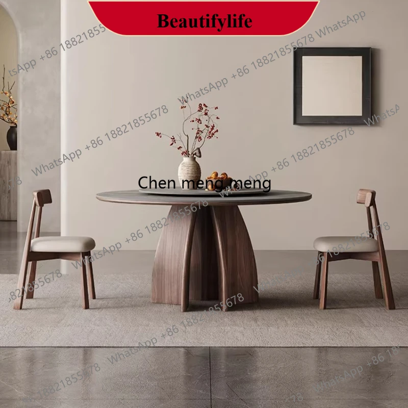EE182 Modern luxury solid wood rock slab round dining tables and sets with turntable 6 4 chairs dining rooms Tables pliante furn