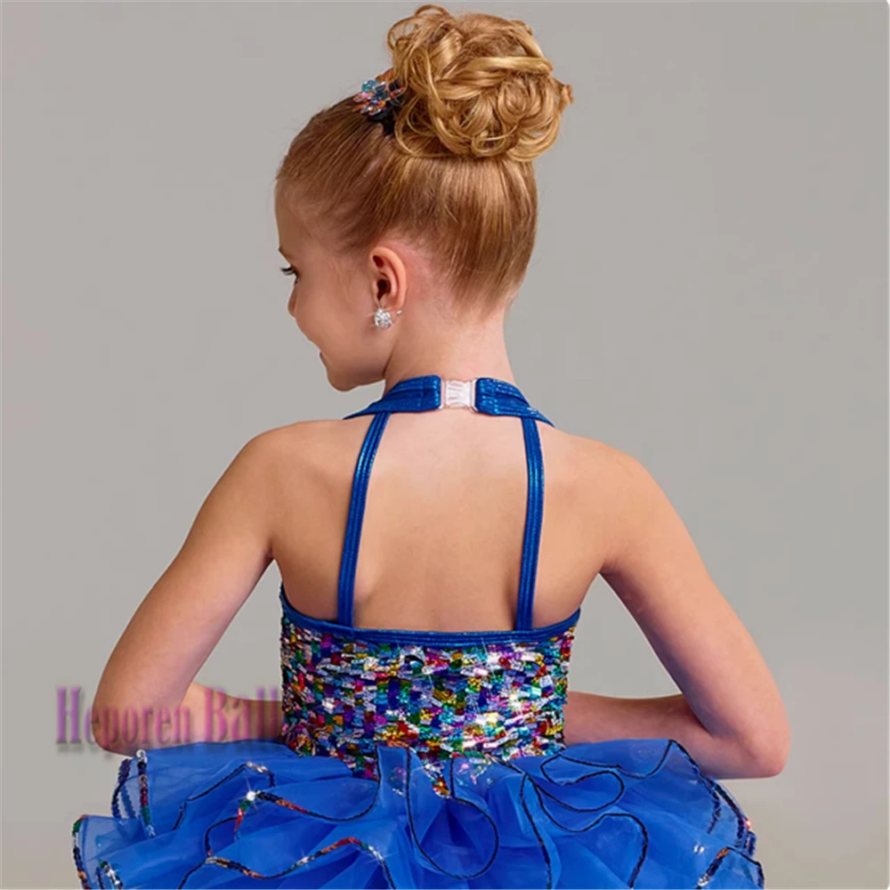 Costume da spettacolo di danza classica per bambini blu con paillettes colorate, abito da ballo per bambini carino