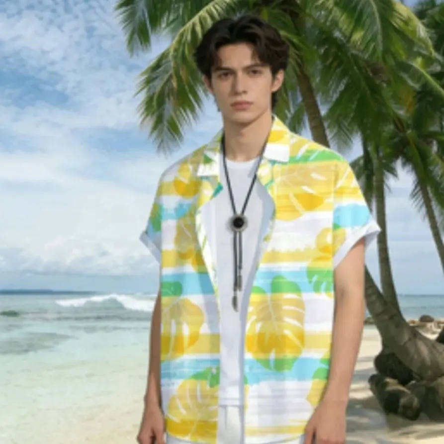 

Men's Premium Tropical Monstera Leaf Print Short-Sleeve Shirt, Elevated Coastal Vacation Wear