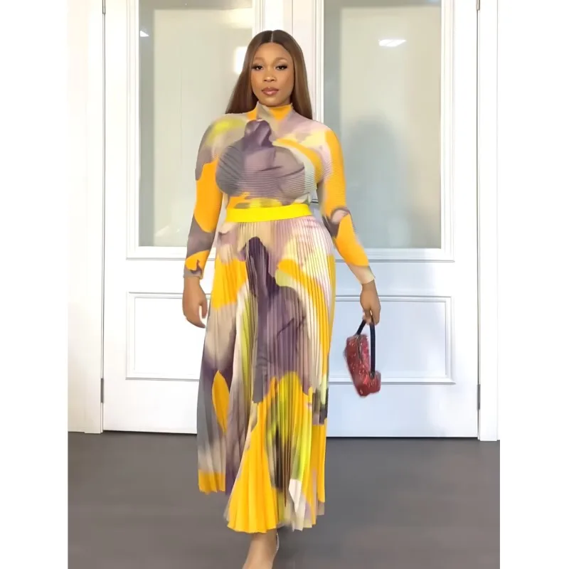 التعادل صبغ 2 قطعة مجموعات ملابس نسائية موضة الهراء كم طويل البلوز البنطال القصير أنيقة مطوي تنورة فستان الخريف 2 قطعة مجموعة