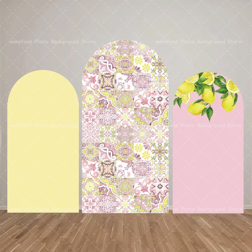 Mehofond Zitronengelber Hochzeits-Cover-Bogen-Hintergrund, rosa Fliesen, Kindergeburtstag, Party, mediterranes Dekor, Chiara, 2-seitiger Hintergrund