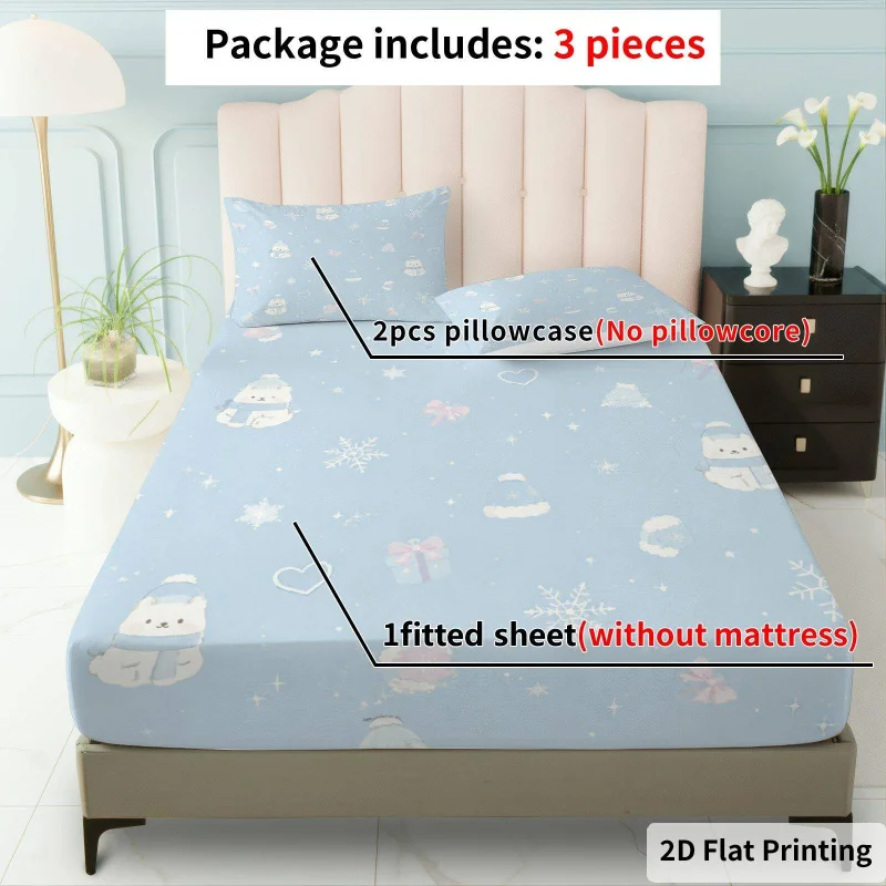 3Pcs Snowflakeswinterdreams Fitted Sheet Three Piece Set (1*Fitted Sheet + 2*Pillowcases, Coreless), Bedding Set