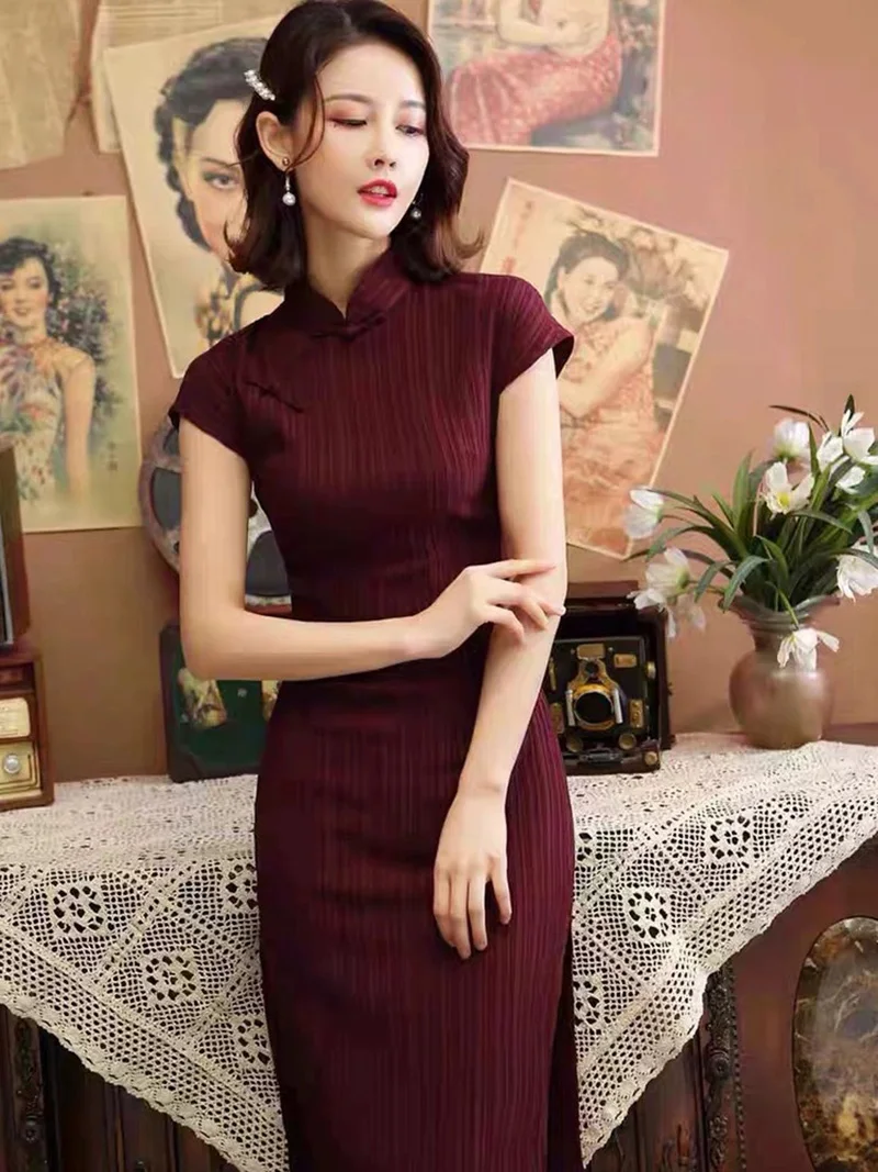 Cheongsam de algodón azul marino para mujer, vestido tradicional Vintage de alta moda, nuevo estilo chino, disfraces de espectáculo, largo medio, Qipao S2470