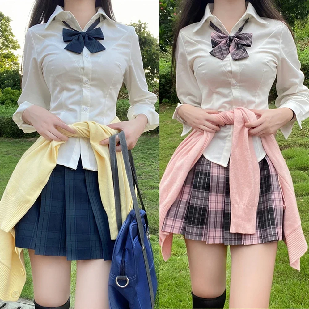 Japanese School Uniform Girl Jk Shirt 3Pc Set Various Styles Long&short Sleeve Plaid Pleated Skirt with Bow Graduation Costumes