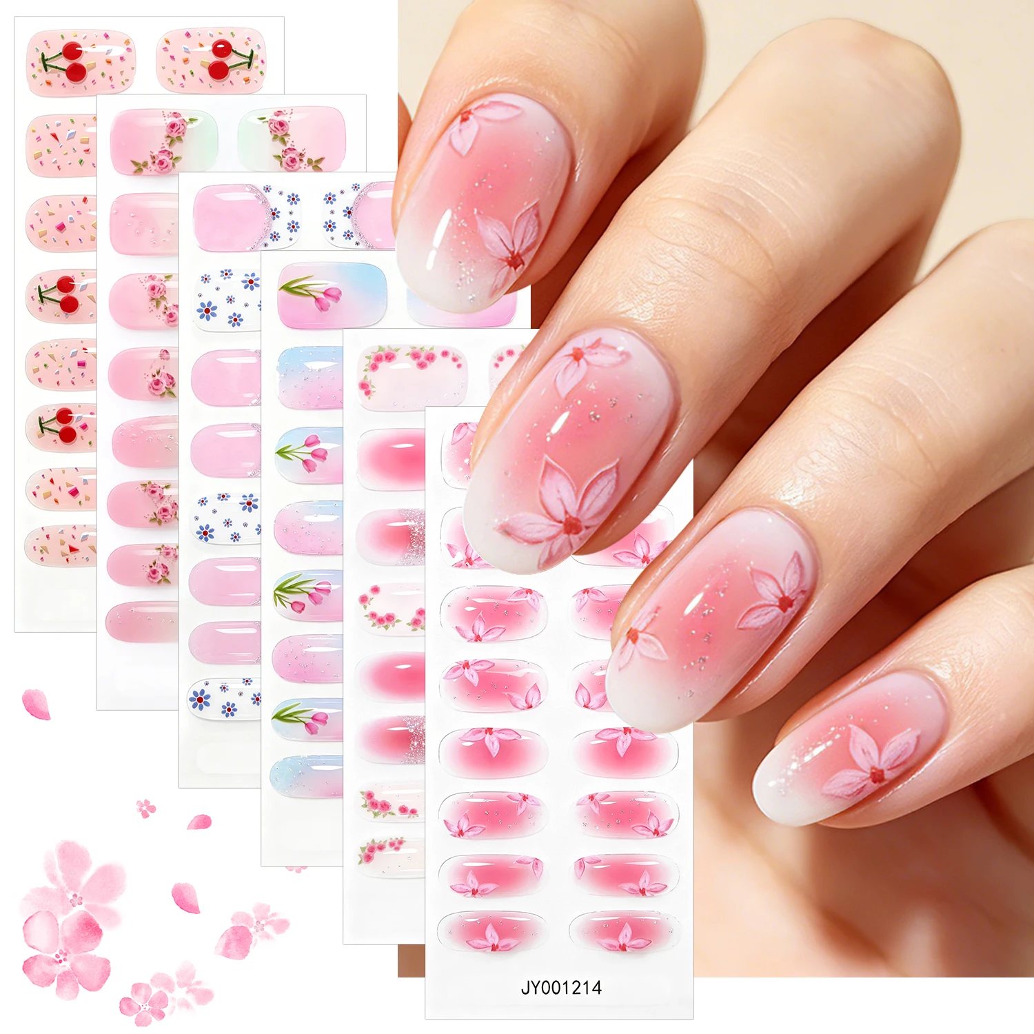 16Tips Spring Summer Cute Floral Gel Nail Sticker Daisy Cherry Tulip Flower Nail Wraps Self-Adhesive Full Cover Nail Art Decals