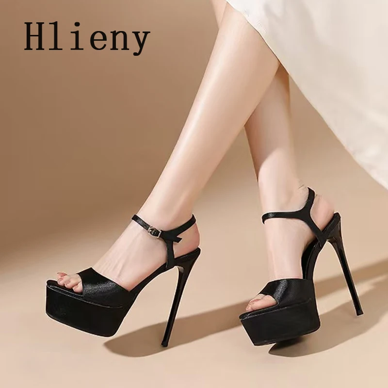 

Hlieny Sexy Open Toe Silk Satin Platform Women Sandals Buckle Strap Pumps Party Club Stiletto High Heels Hollow Out Dress Shoes