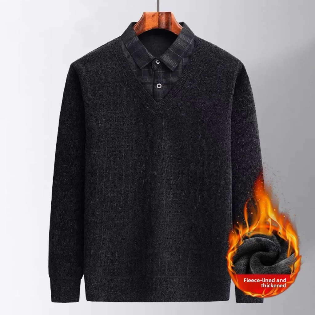 

Теплый свитер на подкладке Thiened Fce, искусственная двухсекционная футболка, повседневная футболка для мужчин среднего возраста и ly