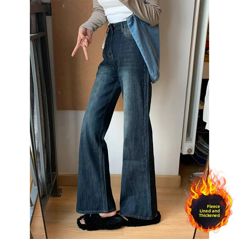 ハイウエストノンレギンス裏地付きデニムジーンズレディースプラスサイズストレートレッグマイクロフレアパンツ秋スリルーズワイドレッグ...