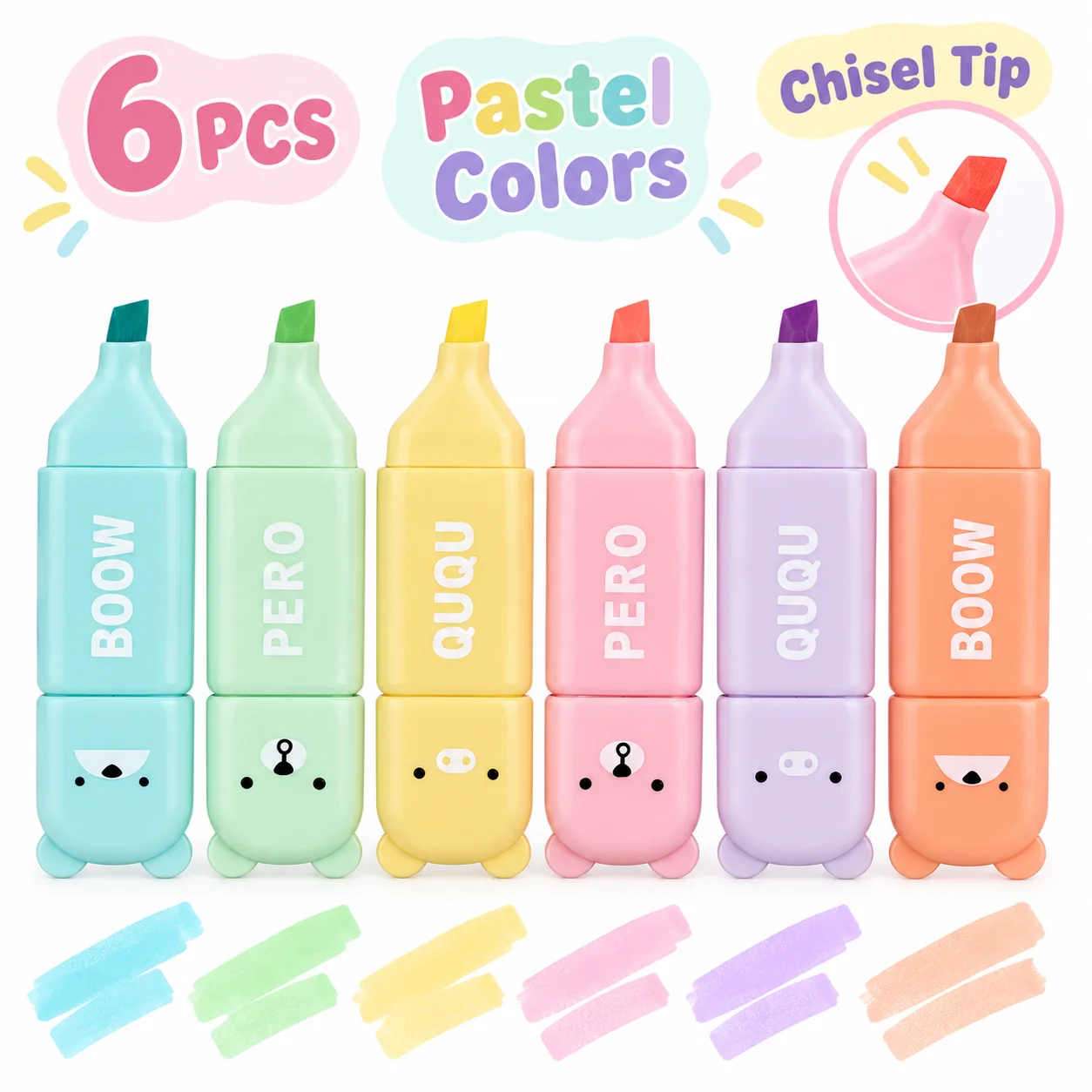 6PCS Pastel Highlighter Markers Set Cute Bear Chisel Tip Fluorescent Pens for School Study Notes Journaling Office Stationery