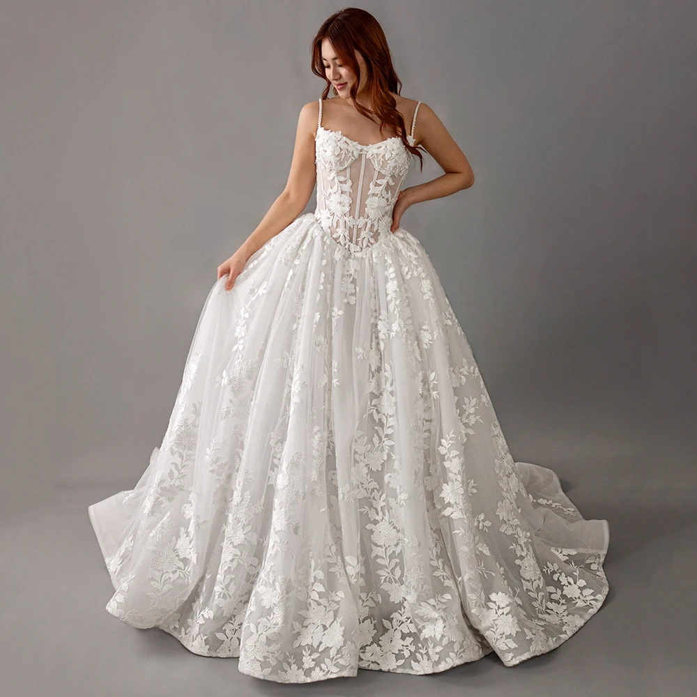 

Белое тюлевое свадебное платье без бретелек по индивидуальному заказу, драпированное платье невесты с аппликациями на бретельках, трапециевидное свадебное платье длиной до пола