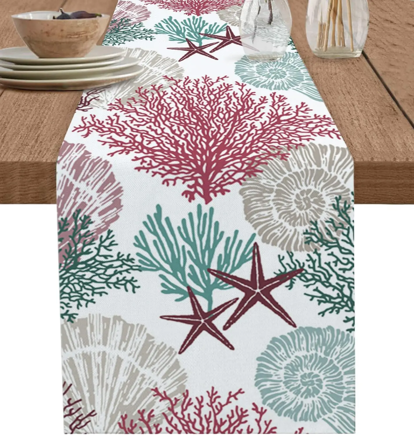 

Abstract Geometric Ocean Coral Shell Starfish Linen Table Runners Washable Dresser Scarves Table Dinner Party Holiday Home Decor