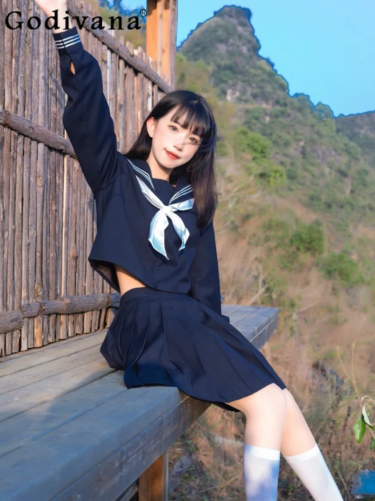 

Большой размер Jk, весна-осень, японская голубая студенческая матросская рубашка с длинными рукавами, милая возрастная юбка трапециевидной формы с высокой талией для девочек