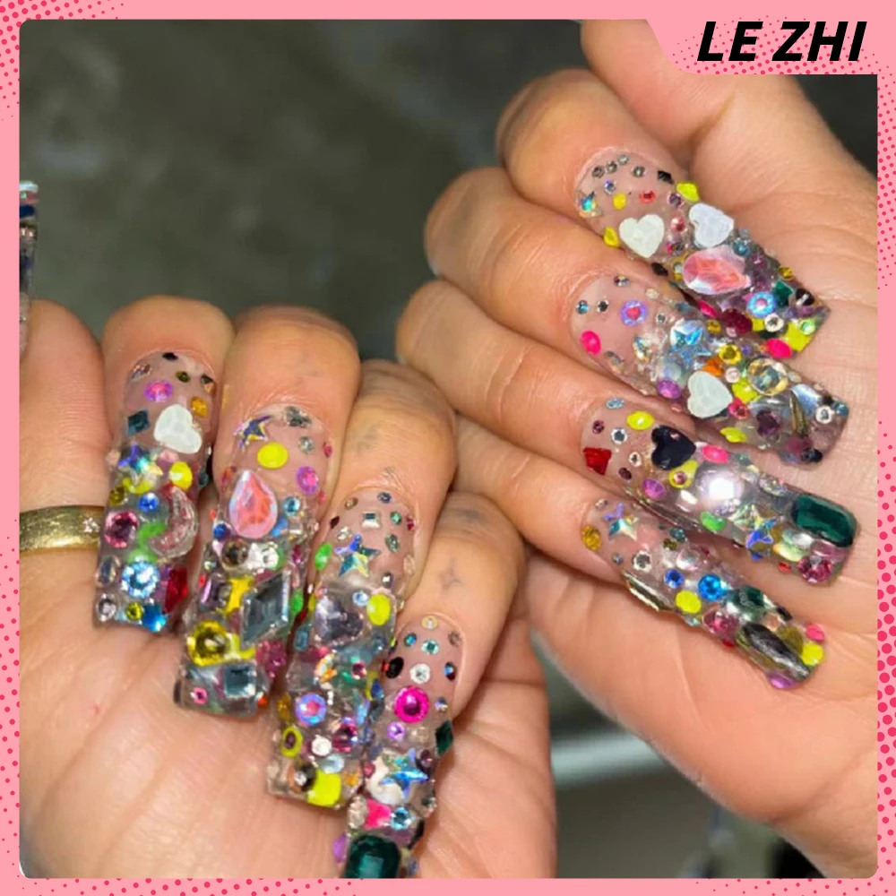 Autocollants 3D pour Ongles Faits à la Main, Accessoire de Luxe Entièrement Percé, Diamant, Fausse ix, Fouet Avancé, Paillettes, Strass