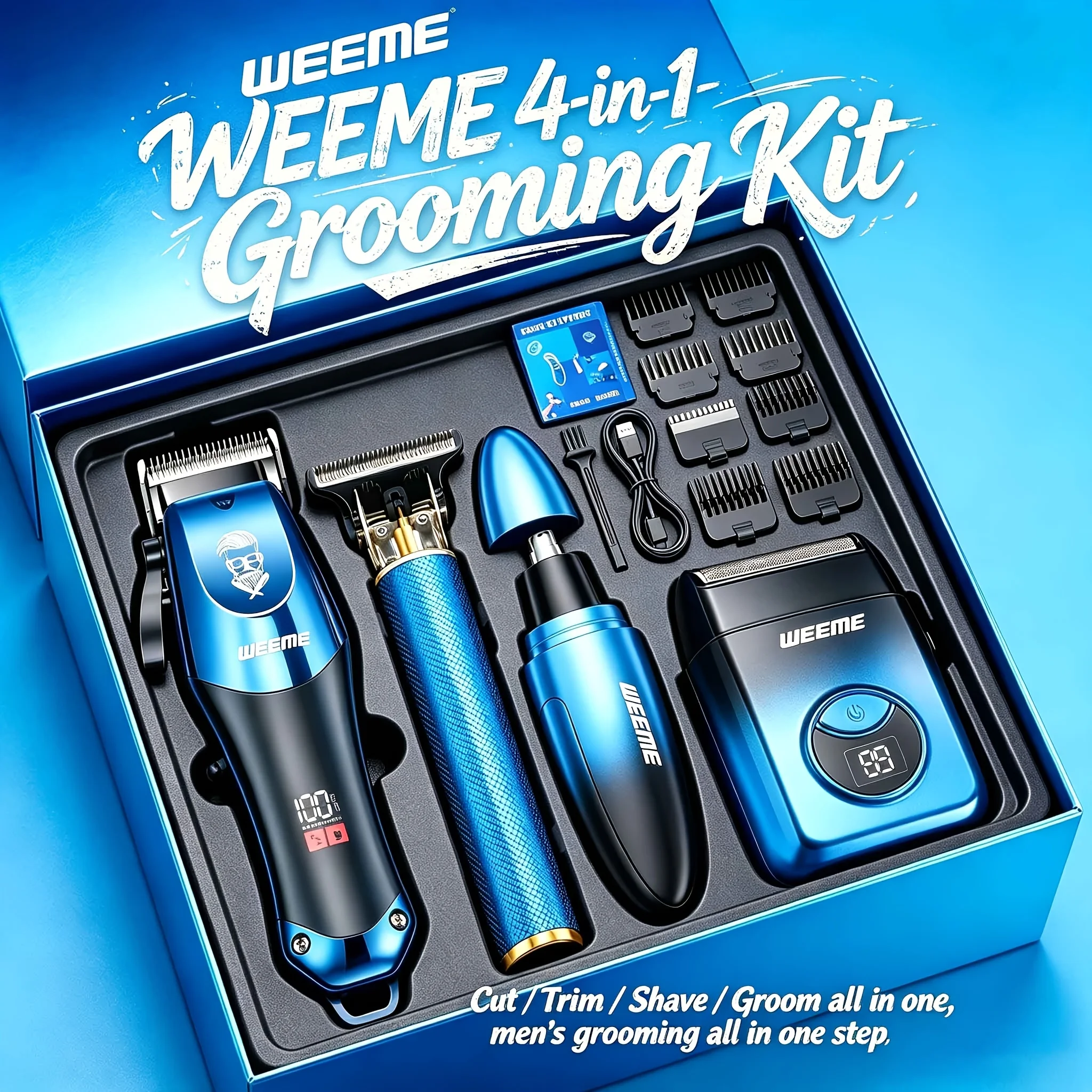 Hair Clipper Professional - 4-delige professionele blauwe tondeuseset voor heren,