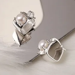 Real 925 Sterling Silver Geometric Square Pearls Hoop Earrings for Women Light Luxury Fine Jewelry Minimalist Accessories