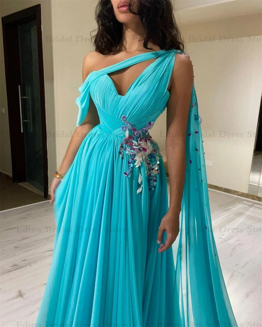 Fashion Asymmetrical One Shoulder Evening Gowns with Pleated Appliques Beadings A-Line Pageant Dress Chiffon فستان حفلات الزفاف