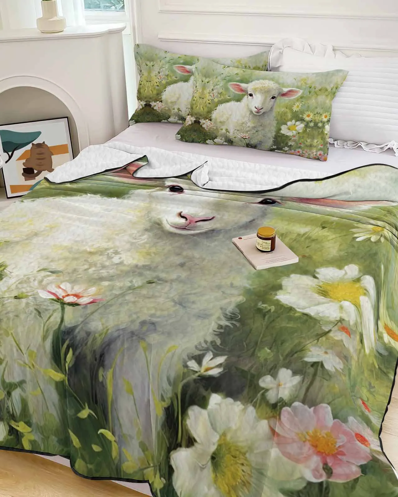 Spring Sheep Daisy Plant Farm Cooling Blankets Air Condition Comforter Lightweight Summer Quilt for Bed Soft Thin Quilt