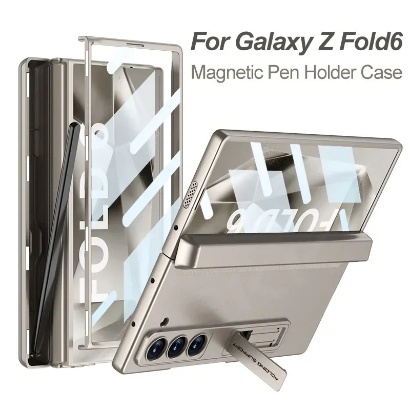 RICKE Magnetic Hinge Pen Holder Case For Samsung Galaxy Z Fold 6 Outer Screen Glass Stand Matte Cover For Samsung Z Fold 6 Case