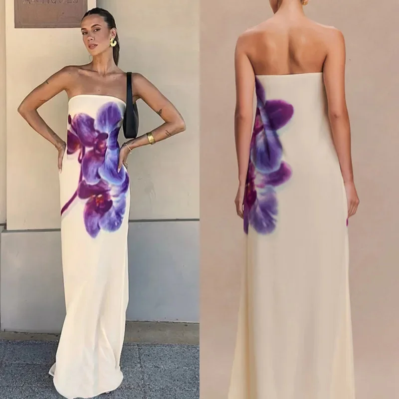 

Spring/Summer Fashion Floral Print Bustier Dress Elegant Sleeveless Backless Loose A-Line Skirt Women's Casual Comfortable Dress