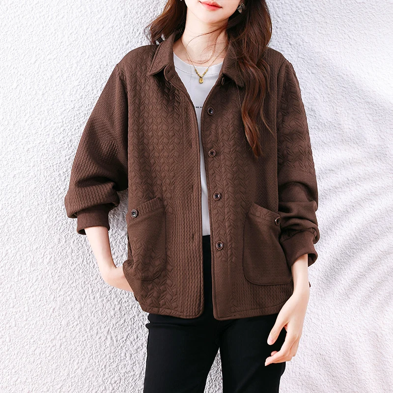 플러스 사이즈 여성용 면 자켓 단색 플립 칼라 자수 탑 다용도 패셔너블 봄 가을 착용