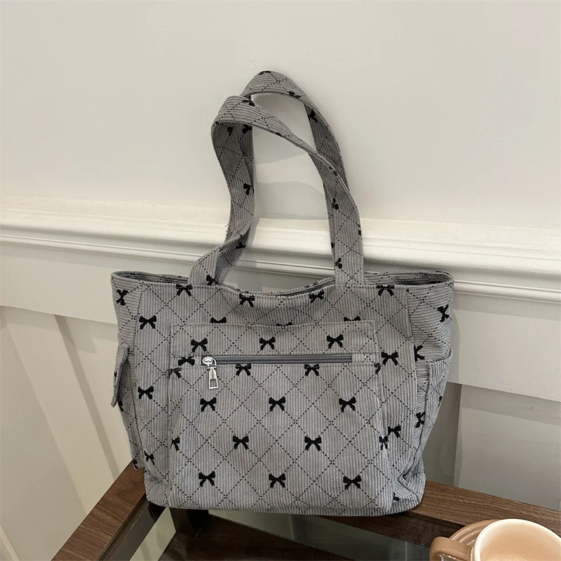 Women's Corduroy Tote Bag Bow Pattern Commuting Bags Large Capacity Stylish Underarm Bags Casual Shoulder Bags Weekender Handbag